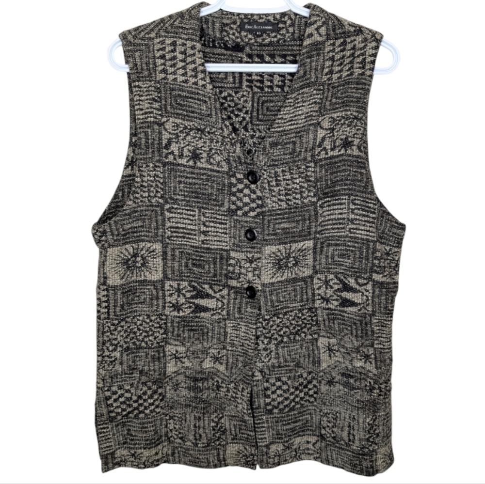 Vintage Eric Alexandre Black and Cream Knit Patterned Vest Size 40 Large Womens